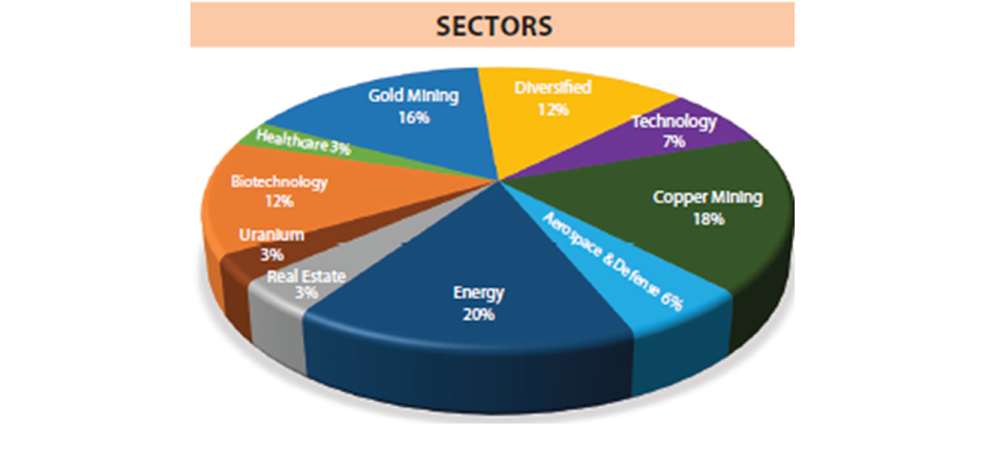 Sektoru sadalījuma diagramma ar enerģiju, ieguvi, tehnoloģijām un citām nozarēm.